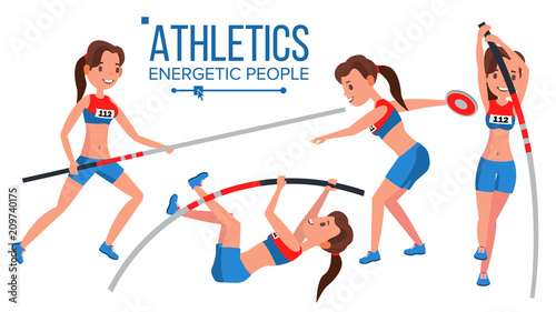 Athletics Female Player Vector. Win Concept. Various. Race Competition. Hurdle long Jump. In Action. Cartoon Character Illustration