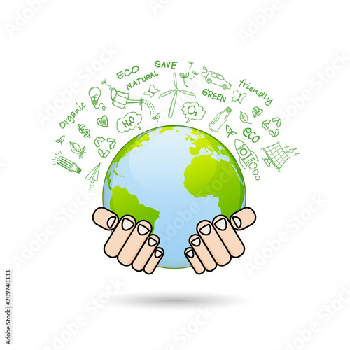 Ecology concept with doodle icons on earth, World environment and sustainable development concept