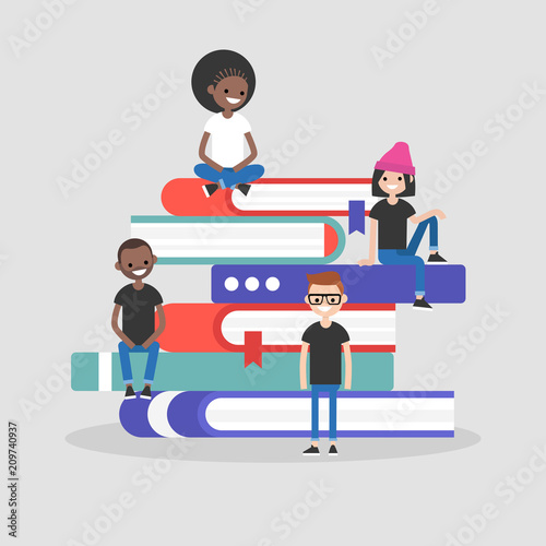 A group of millennials seating on the pile of books. Library concept. Knowledge. Flat editable vector illustration, clip art