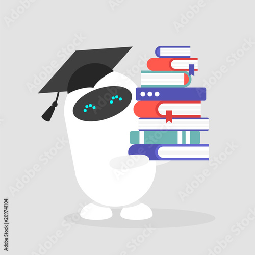 Machine learning. Graduated cute robot wearing a cap and holding a pile of books/ flat editable vector illustration, clip art