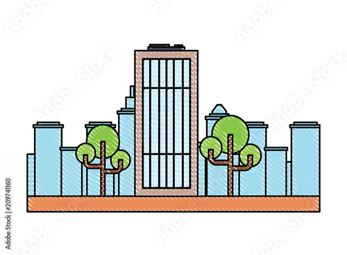 city building and trees over white background, colorful design. vector illustration