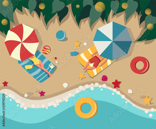 People spend their holidays on the beach under the palm trees. Vector illustration.