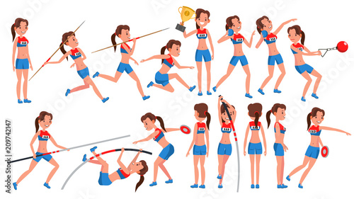 Athletics Girl Player Female Vector. Athletic Sport Competition. Sports Equipment. Sprinter. Sprint Start. Cartoon Athlete Character Illustration