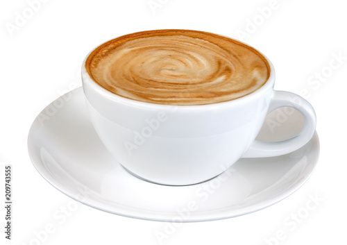 Hot coffee latte cappuccino spiral foam isolated on white background, clipping path included