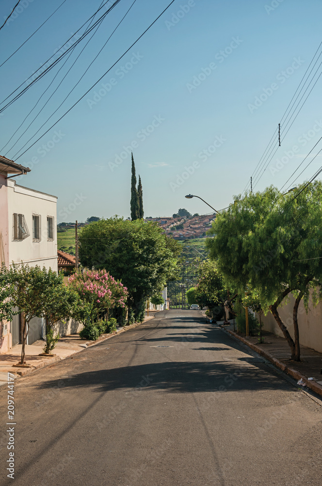 Downhill street view with sidewalk trees, walls and houses on a sunny day at São Manuel. A cute little town in the countryside of São Paulo State. Southeast Brazil.