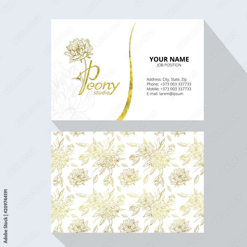 Peony logo.  Vector business cards design template with monogram letter P and gold peony  flowers on white background. Romantic design for natural cosmetics, perfume, women products. Peony studio.