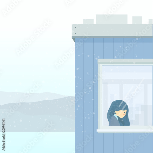 Sad Girl Window  Falling Snowflakes Vector Illustration