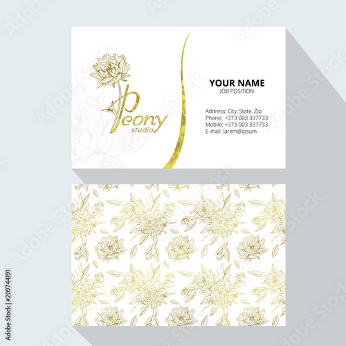 Peony logo.  Vector business cards design template with monogram letter P and gold peony  flowers on white background. Romantic design for natural cosmetics, perfume, women products. Peony studio.