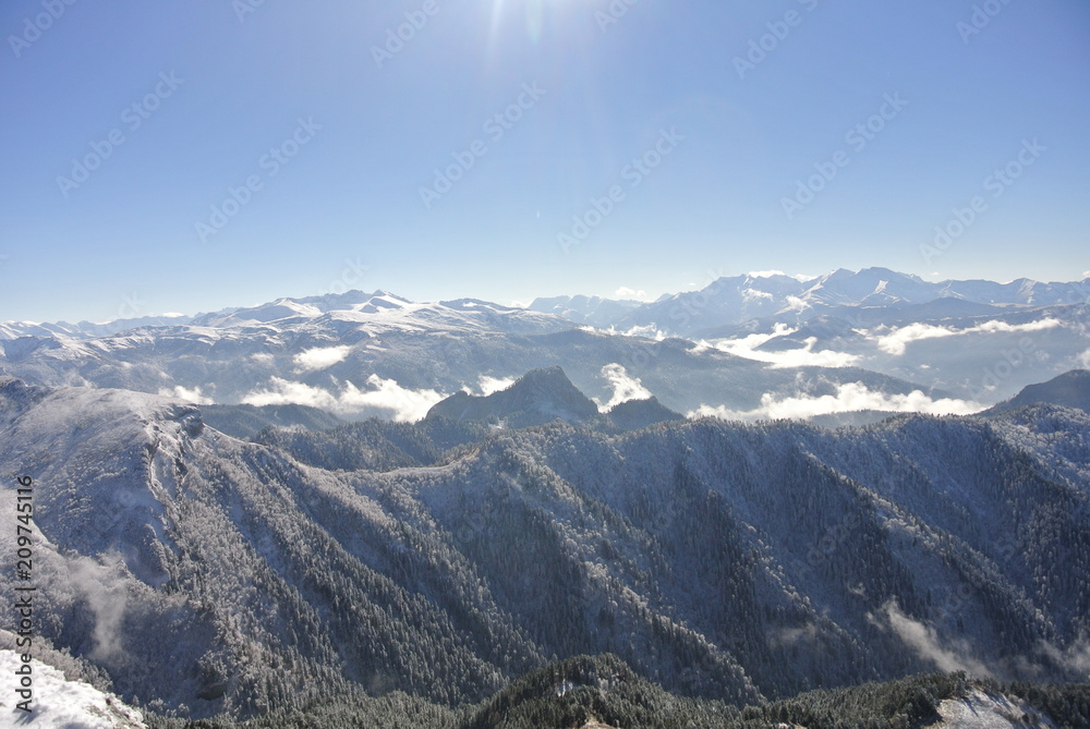 winter in the mountains, mountains, rocks, winter nature, clouds, sky, winter forest