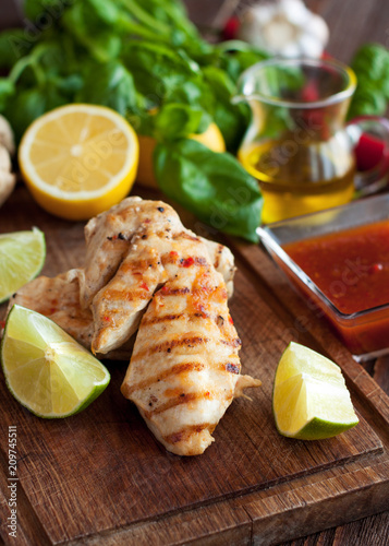 Barbecued chicken fillet with spicy sauce