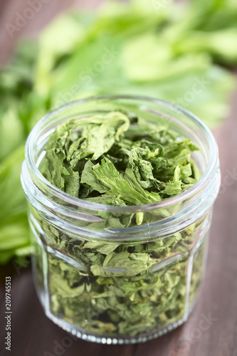 Dried celery leaves to be used as seasoning in soups and stews (Selective Focus, Focus in the middle of the image)