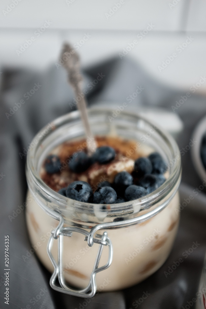 A healthy dessert tiramisu with blueberries. A healthy dessert tiramisu with blueberries.