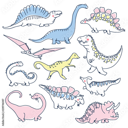 Cute dinosaurs doodles set