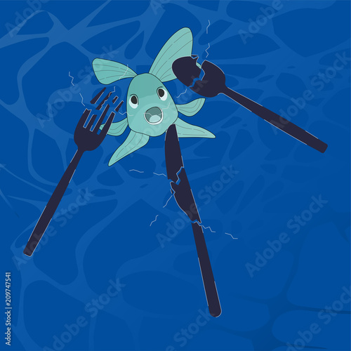 Plastic cutlery end up in the ocean, break down into smaller peices called microplastic, fish may mistake fragments for food. Ocean plastic pollution concept. Vector illustration.