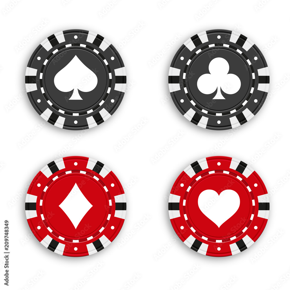 Set of chips for playing poker and casino with symbols of deck of cards. Vector illustration. Set of chips for playing poker and casino with symbols of deck of cards. Vector illustration.