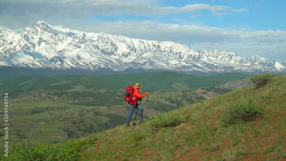 The woman the traveler climbs a mountain slope with sticks for tracking. Red backpack. Sticks for tracking. The woman the traveler climbs a mountain slope with sticks for tracking. Red backpack. Sticks for tracking.