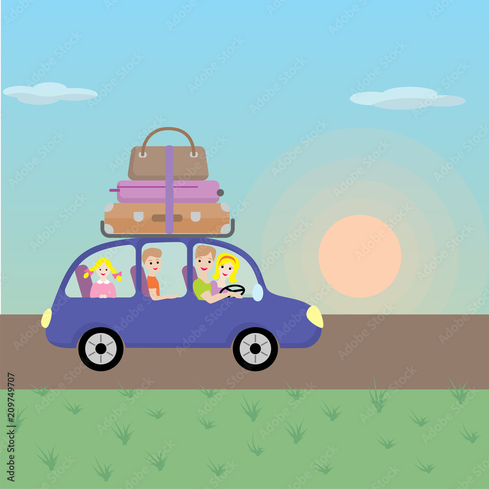 Family journey by car to nature. Father, mother, son-teen and little daughter go on a trip. Illustration in a cartoon style. Flat design. Family journey by car to nature. Father, mother, son-teen and little daughter go on a trip. Illustration in a cartoon style. Flat design.