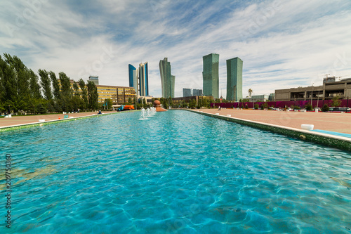 Skyscrapers in the Central part of Astana. Fountain in the foreground. Kazakhstan