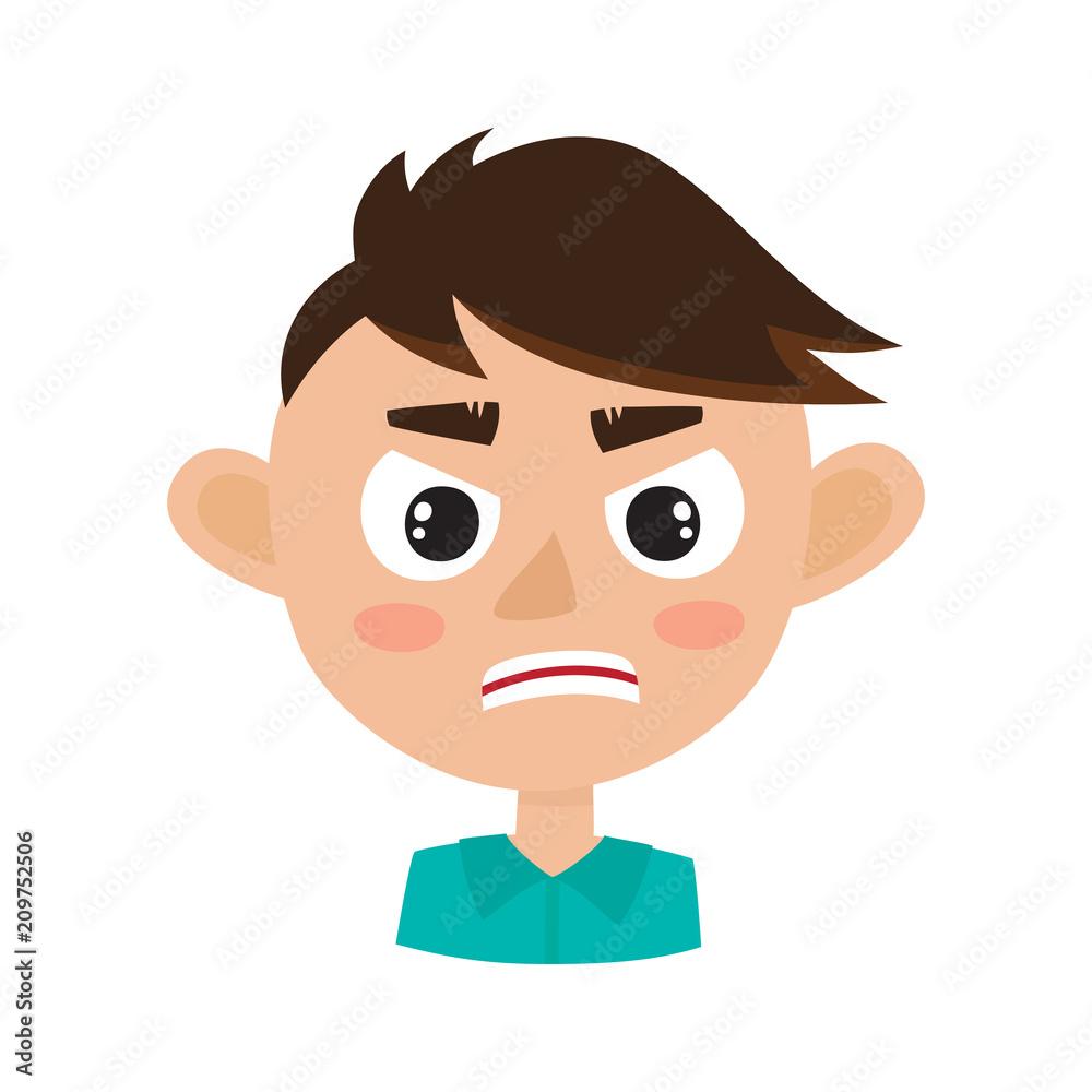 Boy angry face expression, cartoon vector illustrations isolated on white.