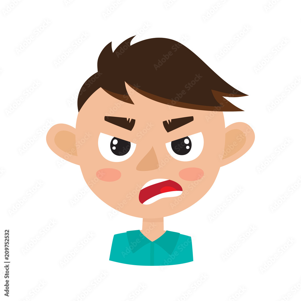 Boy angry face expression, cartoon vector illustrations isolated on white.