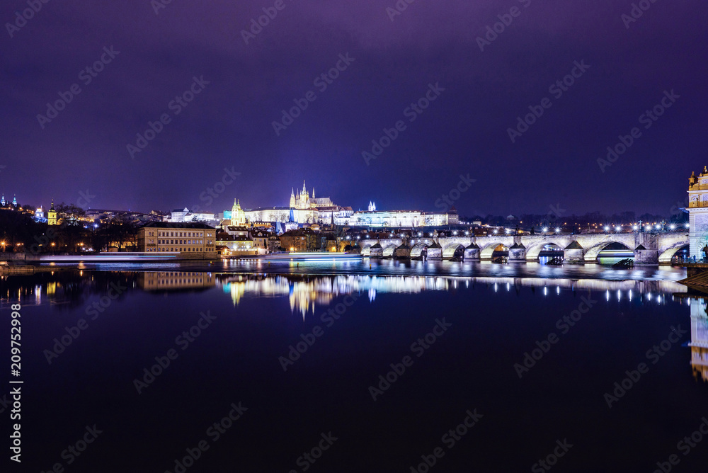 Prague Castle and Charles Bridge at night