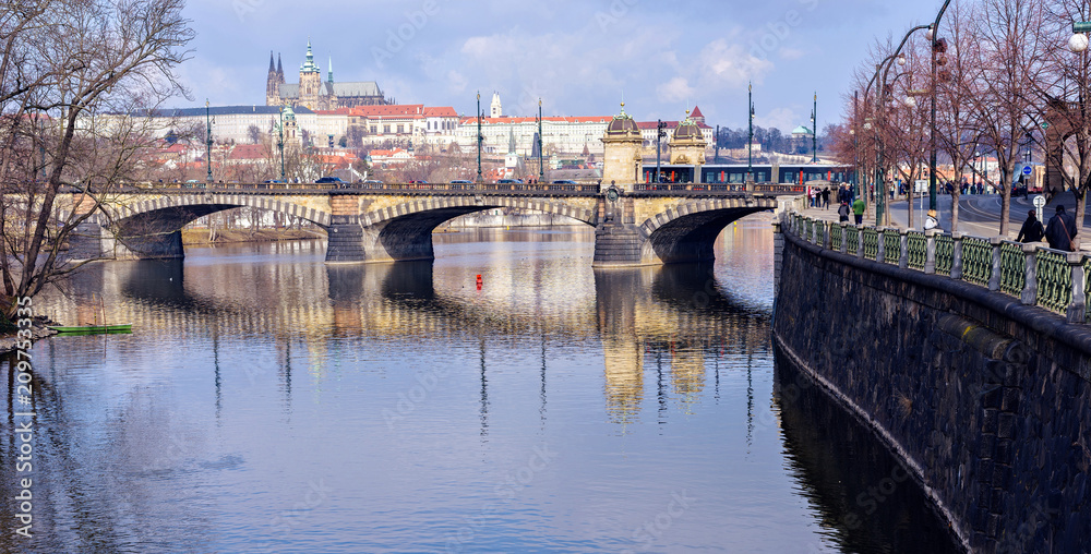 Vltava River, Charles Bridge and famous castle