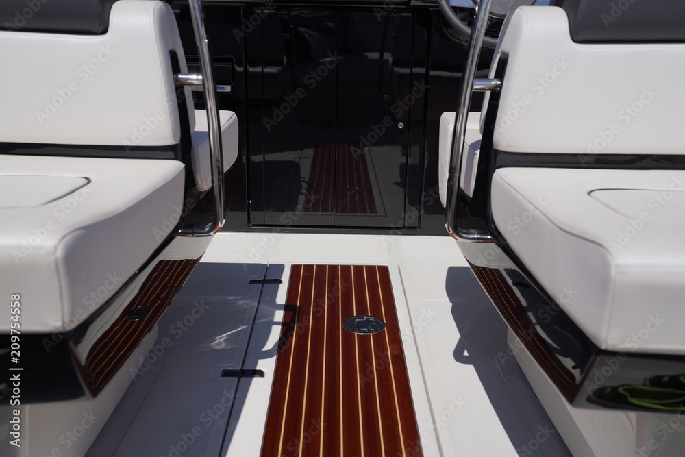Interior of a luxury motorboat on a sunny day Interior of a luxury motorboat on a sunny day