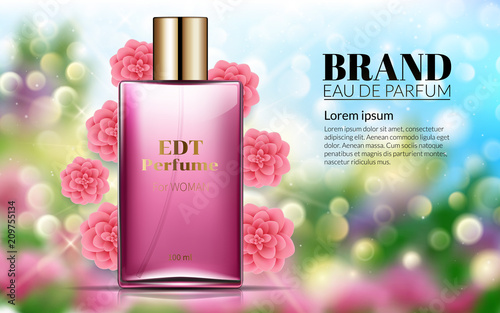 Perfume Ads Realistic Style Perfume in a Glass Bottle on Floral Blured Background Bokeh Pink Flowers. Great Advertising Poster for Promoting a New Fragrance Vector template