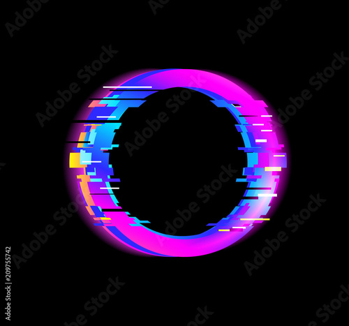 Glitch effect,modern technology style.Distorted glow design.illuminated circle with sparks.Futuristic neon border.Banner, Poster, Flyer, Brochure, Card.Glitch art laser cutting,noise  digital  light