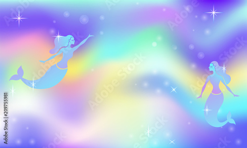 Fairy space magic glow vector background with mermaids.Glowing beautiful universe.Rainbow mesh.Multicolor universe space banner in princess colors.Fantasy pink gradient backdrop graphics © настя иванова