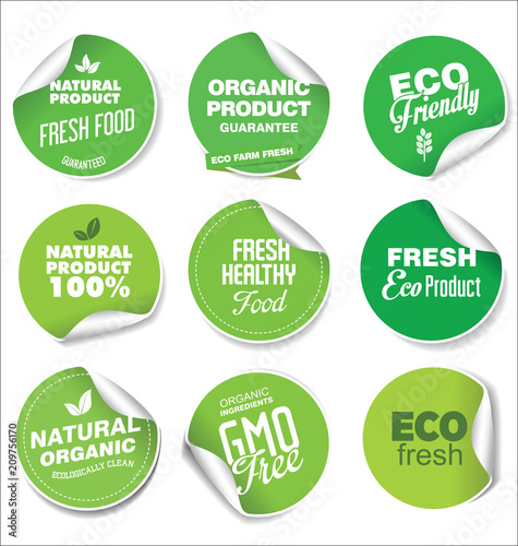 Collection of green labels and badges for organic and natural products
