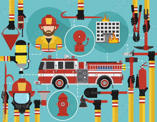 Fire Fighting infographic flat design with firefighter and fire engine.Vector illustration