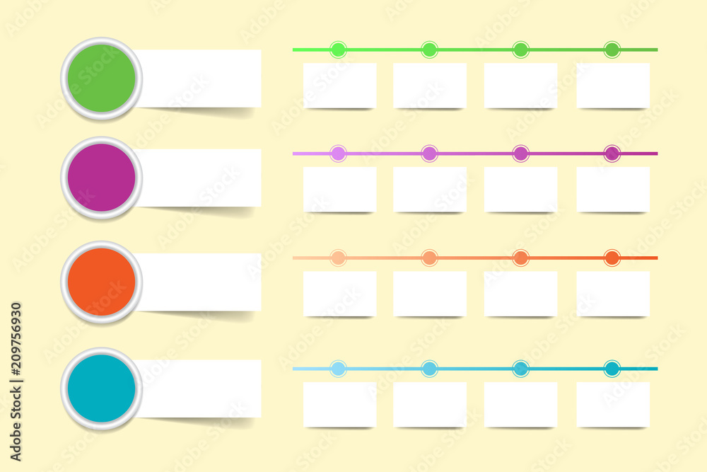 Set of four colorful circle infographic labels with rectangles ready for your text. Colorful timelines with white paper rectangles are ready for your text. Set of four colorful circle infographic labels with rectangles ready for your text. Colorful timelines with white paper rectangles are ready for your text.