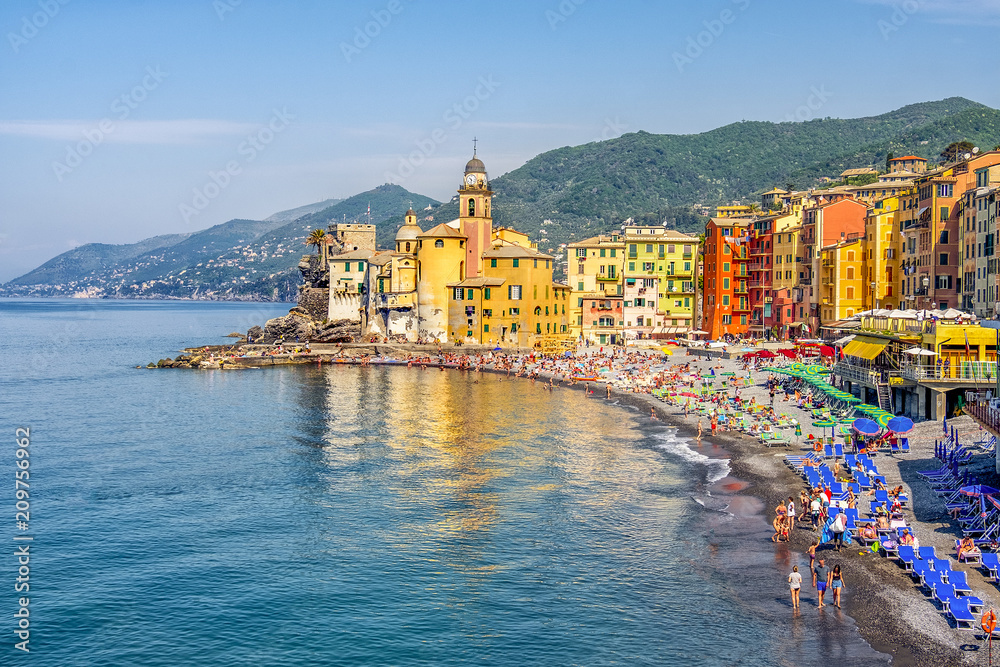 italian riviera colorful beach landscape of the Camogli village in Liguria - Genoa province