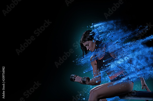 double exposure of sporty woman with dumbbell on black background. Stop drugs concept