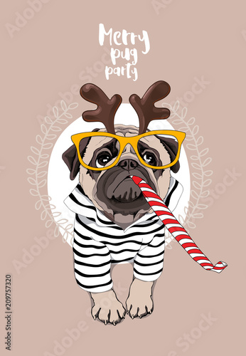 Christmas card. Pug Dog in a striped cardigan, in a horn deer mask, yellow glasses and with a red funny party whistle blowing. Vector illustration.