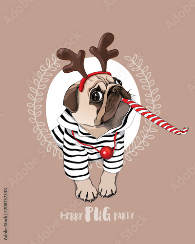 Christmas card. Pug Dog in a striped cardigan, in a horn deer mask and with a red funny party whistle blowing. Vector illustration.