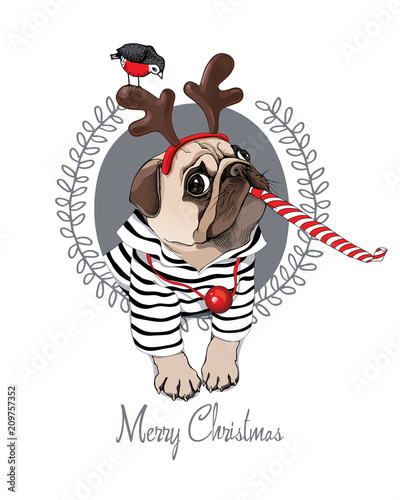 Christmas card. Pug Dog in a striped cardigan, in a horn deer mask and with a red funny party whistle blowing. Vector illustration.