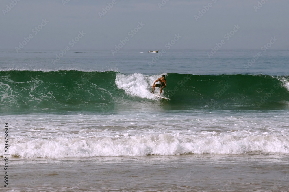 The surfer rolls on a surfboard on a wave in the Pacific Ocean.