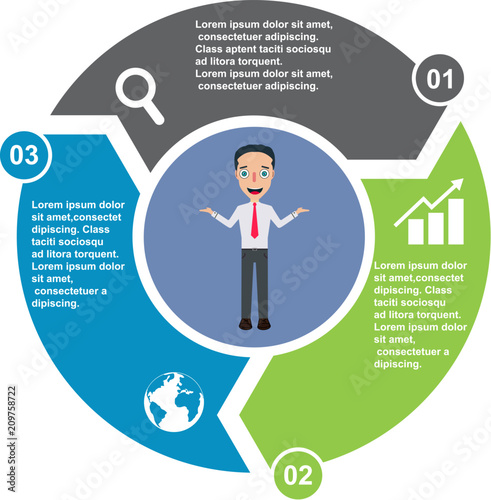 3 step vector element in three colors with labels, infographic diagram. Business concept of 3 steps or options with businessman