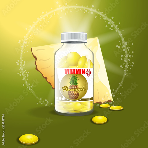 Jar with vitamins on a beautiful colored background and fruit Pineapple.