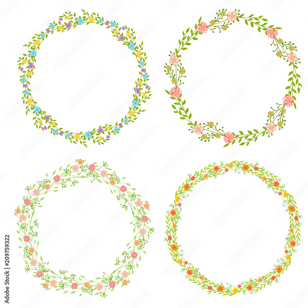 Set of wreath of wild flowers with leaves. A floral round frame with a place for your text. Set of wreath of wild flowers with leaves. A floral round frame with a place for your text.