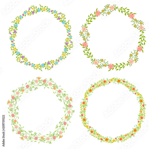Set of wreath of wild flowers with leaves. A floral round frame with a place for your text.