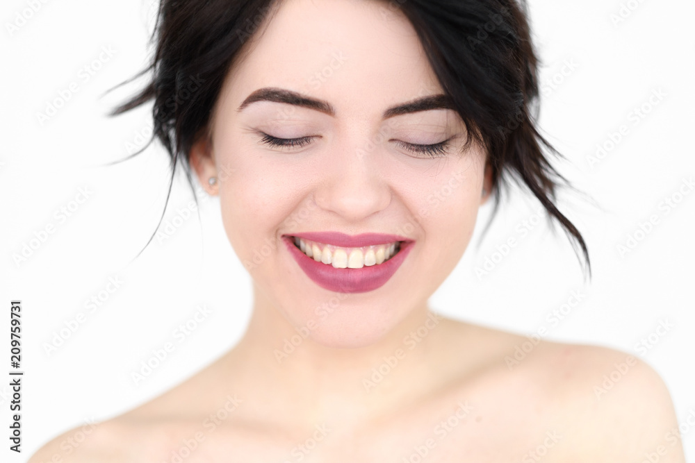 emotion face. happy smiling joyful delighted woman young beautiful brunette girl portrait on white background.