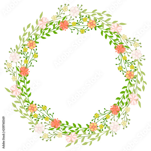 Wallpaper Mural Wreath of wild flowers with leaves. A floral round frame with a place for your text. Suitable for greeting cards, wedding invitations, promotional leaflets. Torontodigital.ca