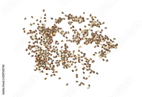 Chia seeds on white background. Top view.