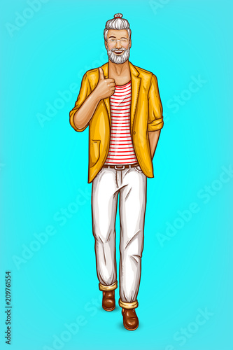 Vector smiling old man, happy gray-haired hipster in trendy jacket, white trousers shows thumb up. Cartoon character isolated on blue background.Concept for ad poster, banner of sales, fashion clothes