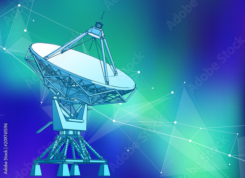 Satellite Dishes Antenna - doppler radar, digital wave and blue technology background - abstract illustration of science, astronomy, information technology, network solutions  and digital technologies