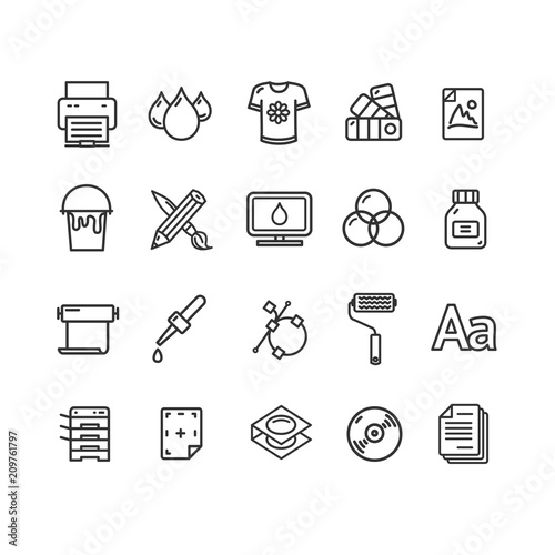 Printing Signs Black Thin Line Icon Set. Vector