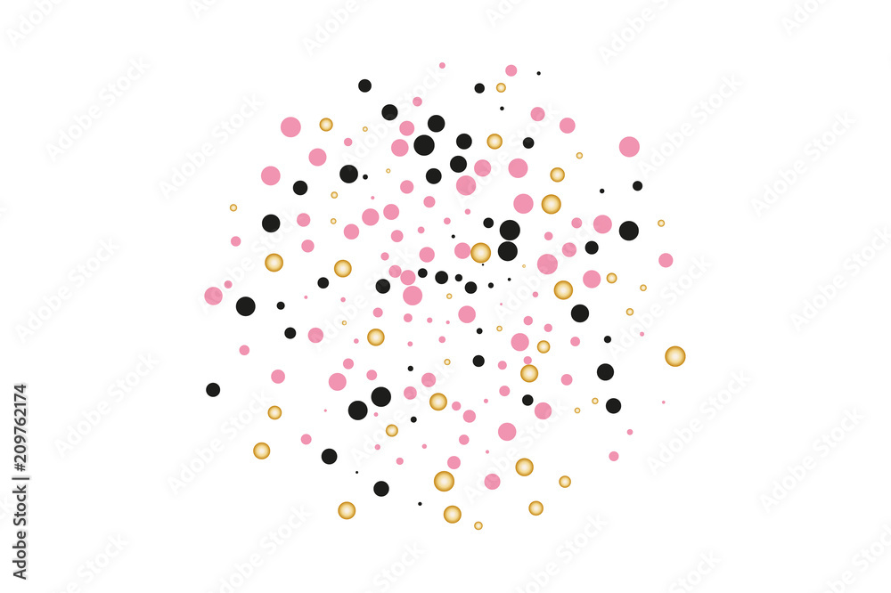 Background with Golden, black and pink glitter, confetti. Random Polka dots, circles, round. Bright festive, festival pattern